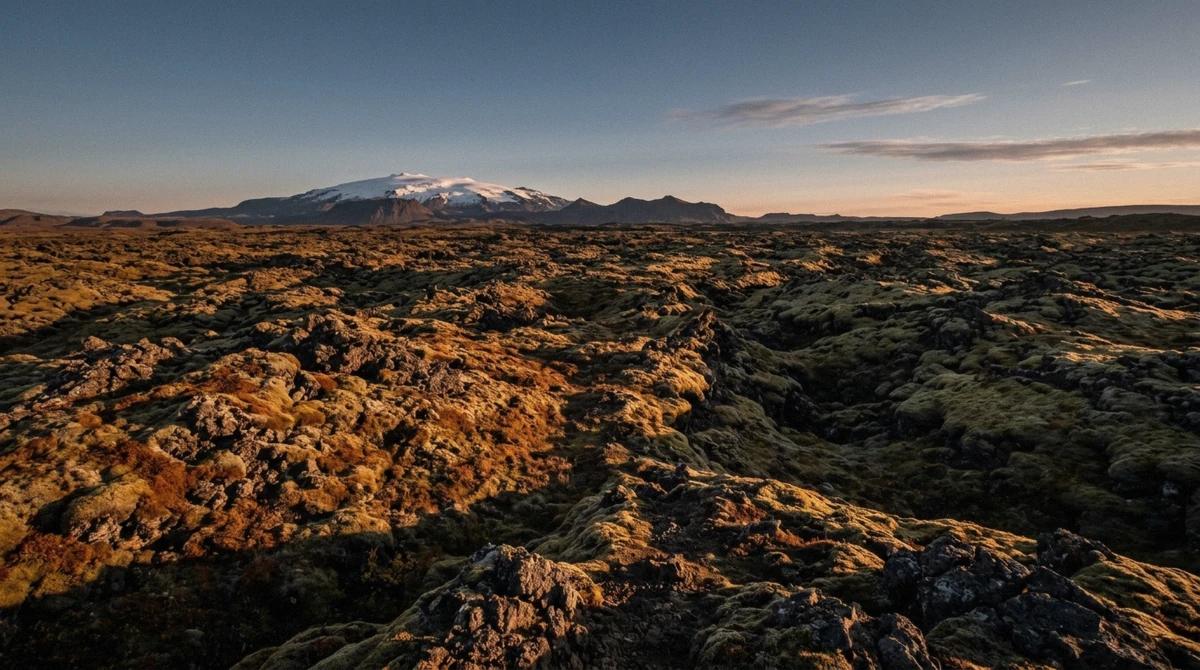 Autumn light on the mossy lava field and Snæfellsjökull glacier above the Vatnshellir lava cave in west Iceland