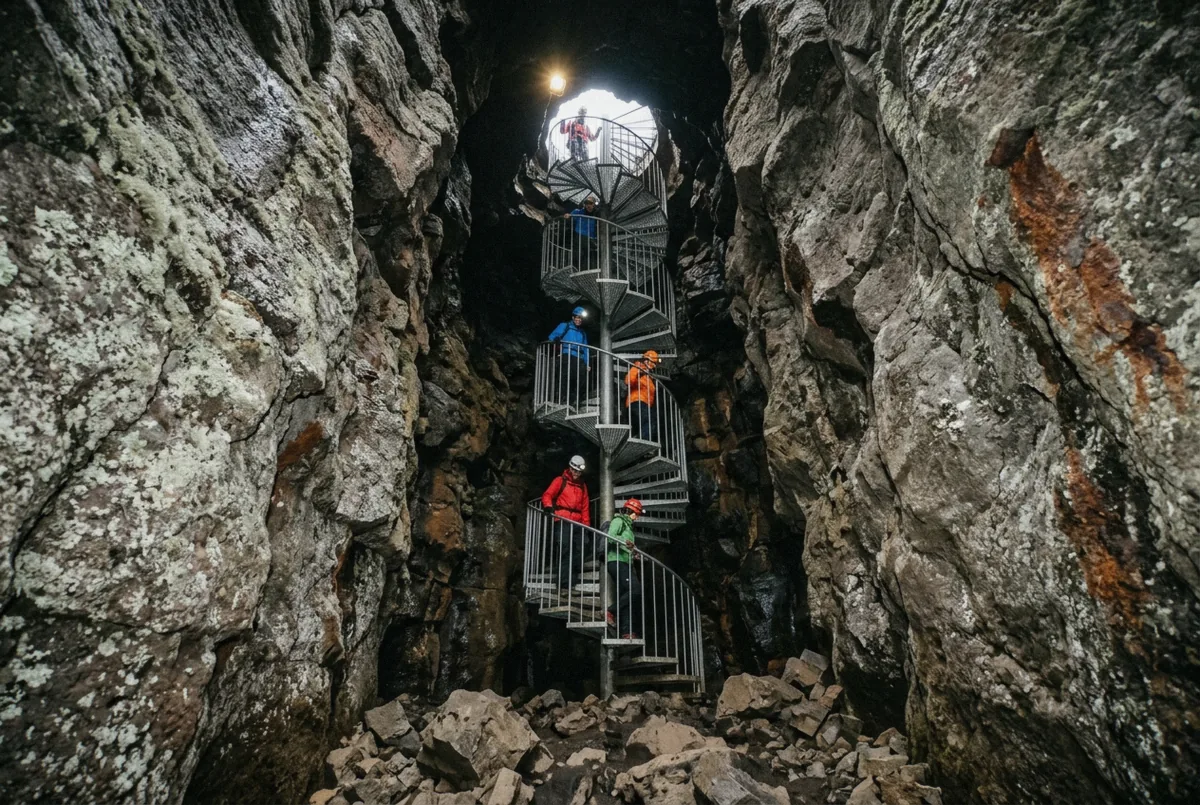 Visitors in helmets descending the open steel spiral staircase in the entrance shaft of the Vatnshellir lava cave in Iceland