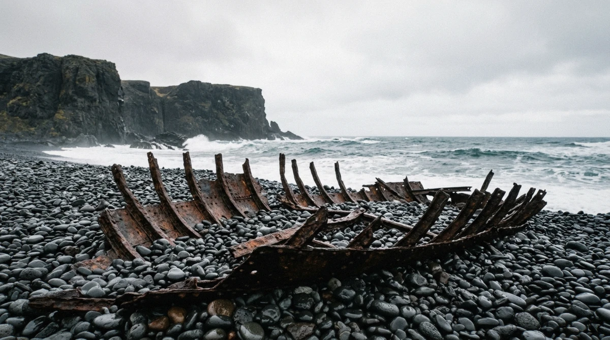 Black pebble beach at Djúpalónssandur with the rusted ribs of the Epine trawler wreck near Vatnshellir cave in Iceland