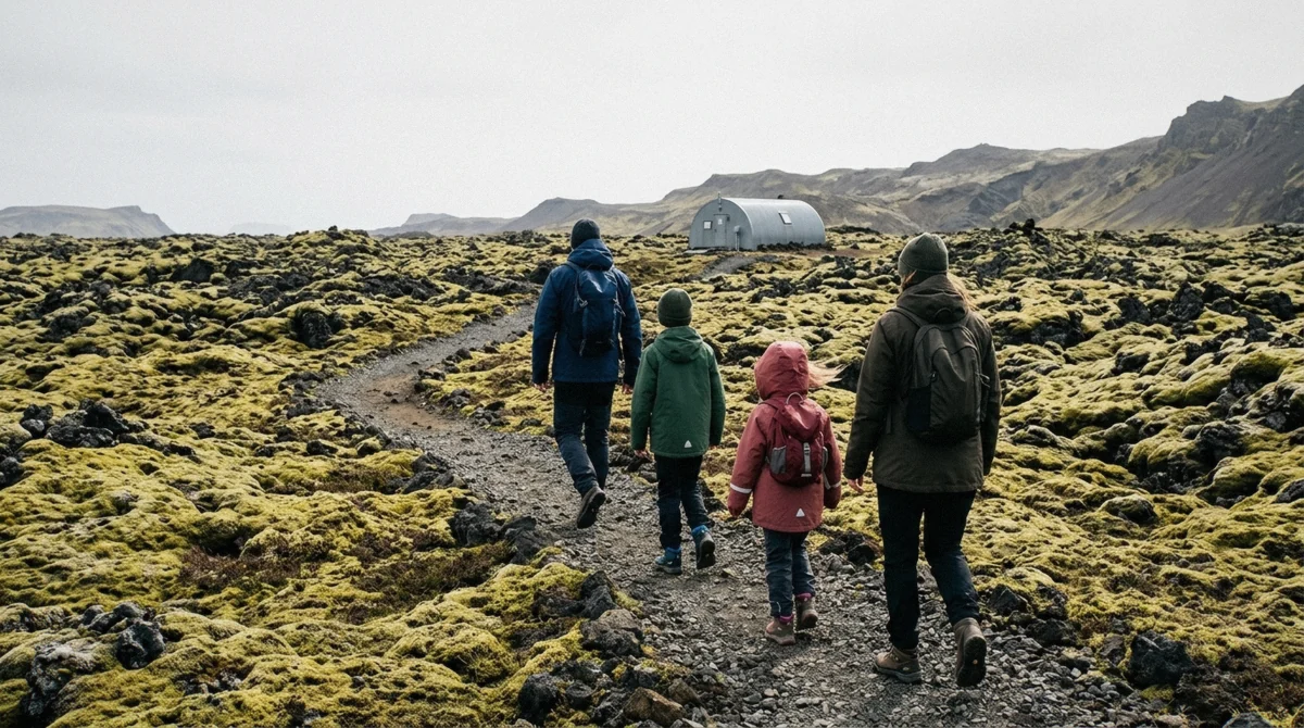 Family in warm jackets walking the gravel path across the lava field to the Vatnshellir lava cave entrance in Iceland