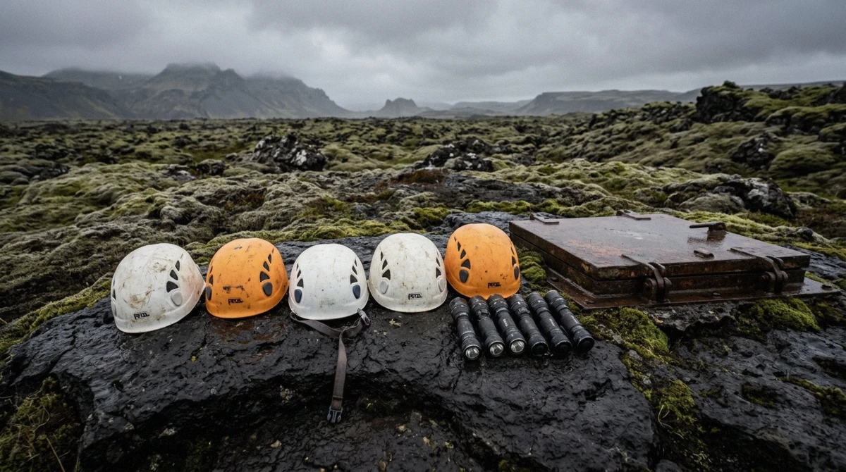 Helmets and hand torches laid out at the hatch before a guided descent into Vatnshellir lava cave in Iceland