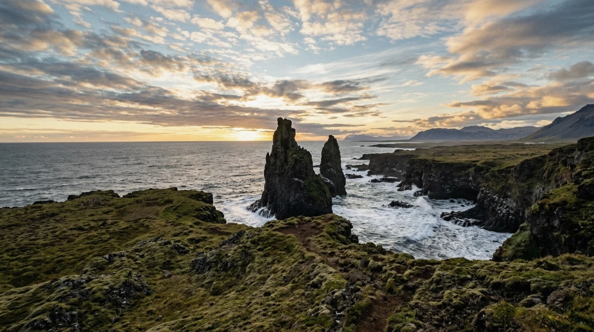 Lóndrangar basalt pillars on the coast five minutes from the Vatnshellir lava cave on Route 574 in west Iceland