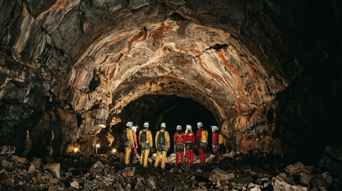 Group of visitors in helmets standing under the high arched ceiling of a chamber in the Vatnshellir lava cave in Iceland