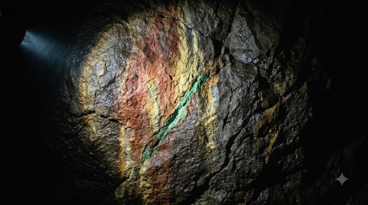 Rust-red iron and pale yellow sulphur staining on the basalt wall of Vatnshellir lava cave picked out by torchlight in Iceland