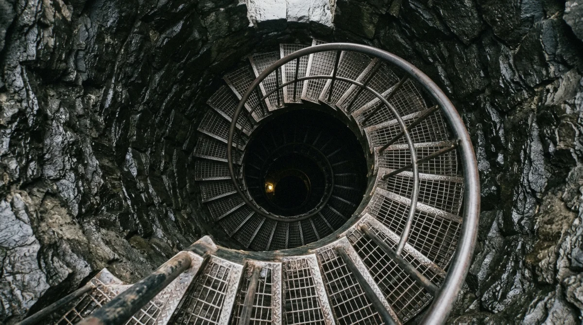 Steel spiral staircase turning down into the dark shaft of Vatnshellir lava cave in Snæfellsjökull National Park in Iceland